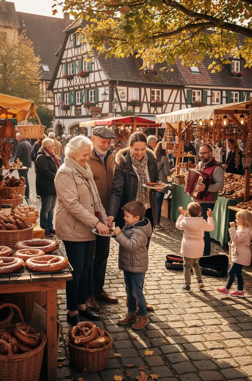 Traditionelle deutsche Fachwerkhäuser in einem malerischen Dorf nahe einer bekannten Schlossruine